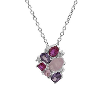 Collier en argent rhodié chaîne avec pendentif géométrie oxydes roses et violets 42+3cm