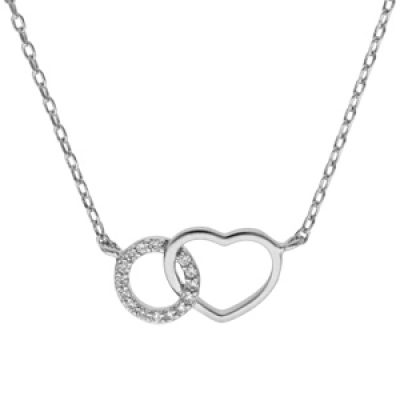 Collier en argent rhodié chaîne avec cercle pavé d'oxydes blancs sertis entrelacé avec coeur lisse 40+5cm
