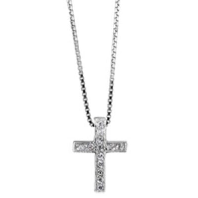 Collier en argent rhodié chaîne avec pendentif petite croix ornée d'oxydes blancs - longueur 42cm + 3cm de rallonge