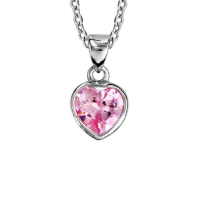 Collier en argent rhodié chaîne avec pendentif coeur en oxyde rose serti clos - longueur 40cm + 4cm de rallonge