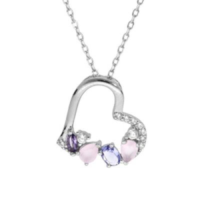 Collier en argent rhodié chaîne avec pendentif coeur avec oxydes blancs et pastels 40+5cm