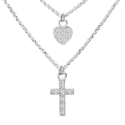 Collier en argent rhodié triple chaîne avec pendentifs coeur et croix 35+5cm
