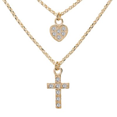 Collier en argent et dorure jaune triple chaîne avec pendentifs coeur et croix 35+5cm