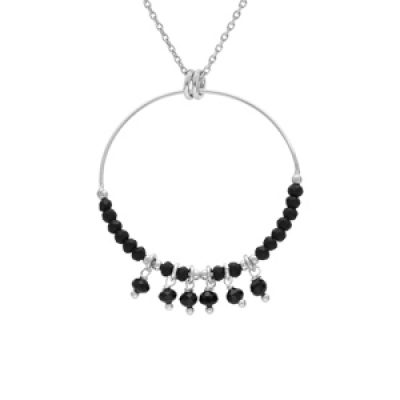 Collier en argent rhodié chaîne avec pendentif anneau 35mm avec boules lisses noires pampilles noires facettées 40+4cm