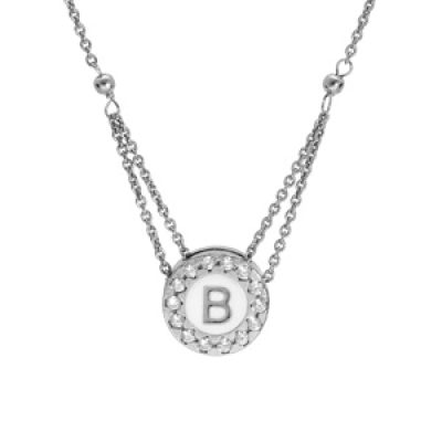 Collier en argent rhodié chaîne avec pendentif rond initiale B recto fond blanc et verso noire avec contour oxydes blancs sertis 40+5cm