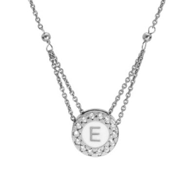 Collier en argent rhodié chaîne avec pendentif rond initiale E recto fond blanc et verso noire avec contour oxydes blancs sertis 40+5cm