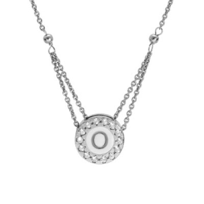 Collier en argent rhodié chaîne avec pendentif rond initiale O recto fond blanc et verso noire avec contour oxydes blancs sertis 40+5cm