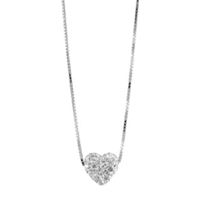 Collier en argent rhodié chaîne avec pendentif coeur en résine et strass blancs - longueur 38cm + 5cm de rallonge