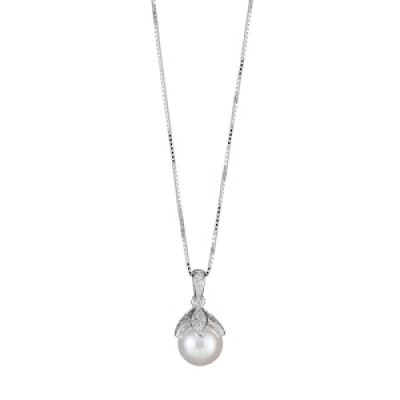 Collier en argent rhodié chaîne avec pendentif 3 feuilles ornées d'oxydes blancs retenant 1 perle blanche synthétique - longueur 42cm + 3cm de rallonge