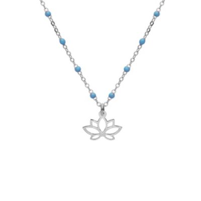 Collier en argent rhodié chaîne avec boules couleur bleu avec pendentif fleur de lotus 40+5cm