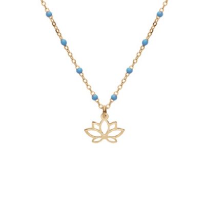 Collier en argent et dorure jaune chaîne avec boules couleur bleu avec pendentif fleur de lotus 40+5cm