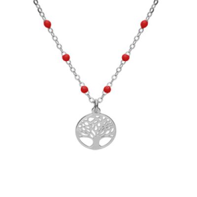 Collier en argent rhodié chaîne avec boules couleur rouge avec pendentif arbre de vie 40+5cm