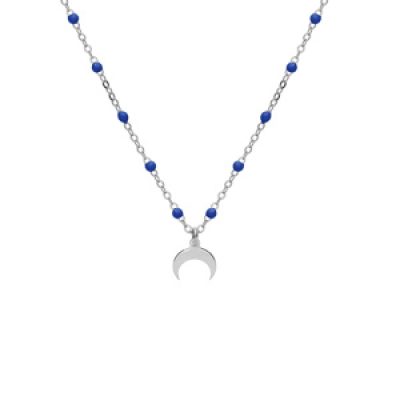 Collier en argent rhodié chaîne avec boules couleur bleu foncé avec pendentif demi lune 40+5cm