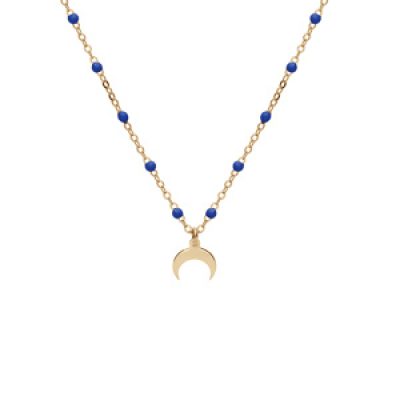 Collier en argent et dorure jaune chaîne avec boules couleur bleu foncé avec pendentif demi lune 40+5cm