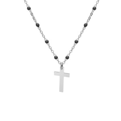 Collier en argent rhodié chaîne avec boules couleur noire avec pendentif croix 40+5cm