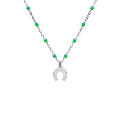Collier en argent rhodié chaîne avec boules couleur verte avec pendentif fer à cheval 40+5cm