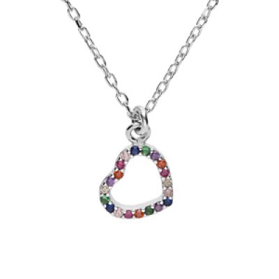 Collier en argent rhodié chaîne avec pendentif coeur empierrés multi couleurs 40+5cm