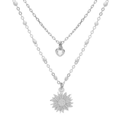 Collier en argent rhodié double chaîne avec soleil et coeur oxyde blanc et perles blanches 40+5cm