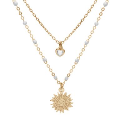 Collier en argent et dorure jaune double chaîne avec soleil et coeur oxyde blanc et perles blanches 40+5cm