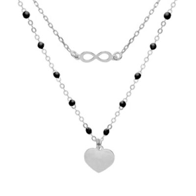 Collier en argent rhodié double chaîne avec infini et coeur et perles noires 40+5cm