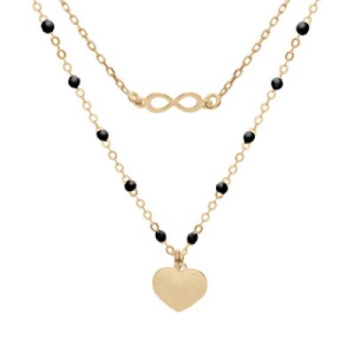 Collier en argent et dorure jaune double chaîne avec infini et coeur et perles noires 40+5cm