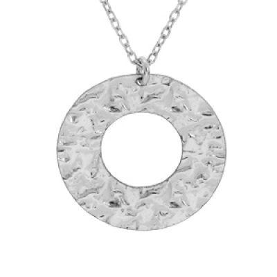 Collier en argent rhodié chaîne avec pendentif rond evidé martelé 40+5cm