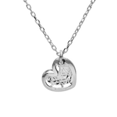 Collier en argent rhodié chaîne avec pendentif coeur diamanté 40+5cm