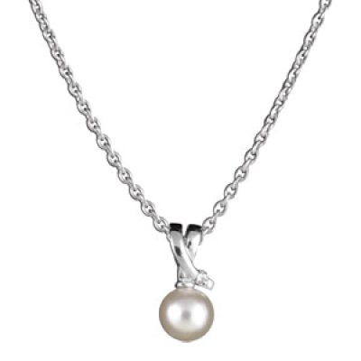 Collier en argent rhodié chaîne avec pendentif ruban croisé avec 1 perle blanche de synthèse 42cm + 3cm