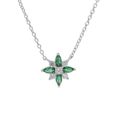 Collier en argent rhodié chaîne avec pendentif fleur avec oxydes blancs et vert sertis 42+3cm