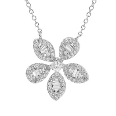Collier en argent rhodié chaîne avec pendentif fleur stylisée avec oxydes blancs sertis 42+3cm