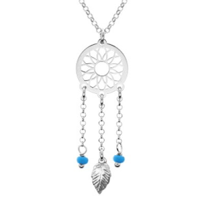 Collier en argent rhodié chaîne avec pendentif attrape rêve et perles bleu ciel 38+5cm