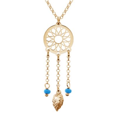 Collier en argent et dorure jaune chaîne avec pendentif attrape rêve et perles bleu ciel 38+5cm