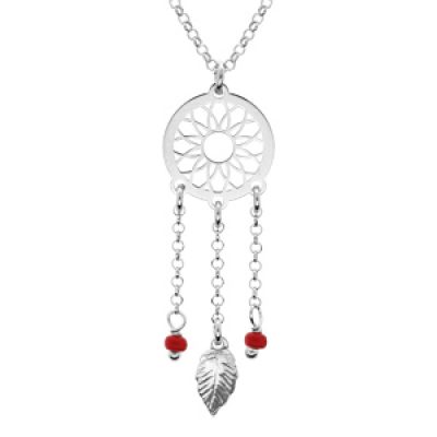 Collier en argent rhodié chaîne avec pendentif attrape rêve et perles rouges 38+5cm