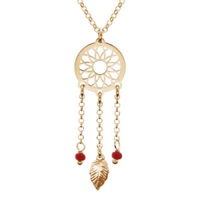 Collier en argent et dorure jaune chaîne avec pendentif attrape rêve et perles rouge 38+5cm