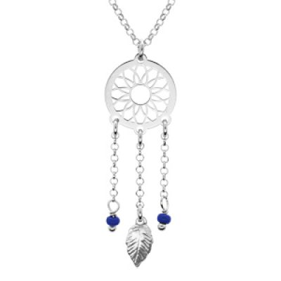 Collier en argent rhodié chaîne avec pendentif attrape rêve et perles bleu foncé 38+5cm