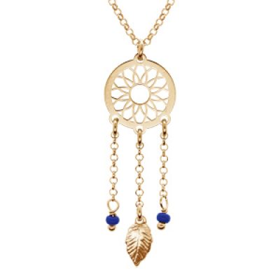 Collier en argent et dorure jaune chaîne avec pendentif attrape rêve et perles bleu foncé 38+5cm