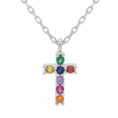 Collier en argent rhodié chaîne avec pendentif croix empierrée multi couleurs 40+4cm