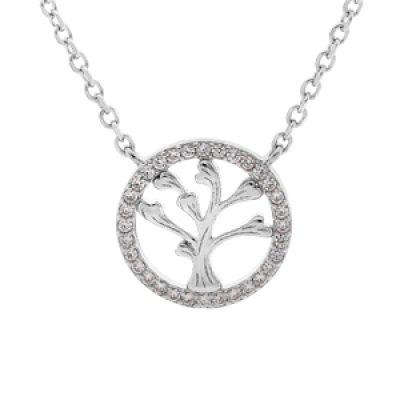 Collier en argent rhodié chaîne avec pendentif arbre de vie contour oxydes blancs sertis 41+3cm