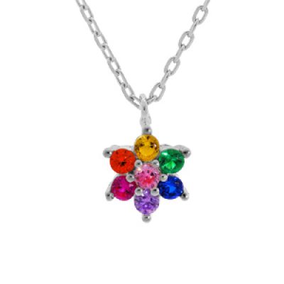 Collier en argent rhodié chaîne avec pendentif fleur multi couleurs 40+4cm