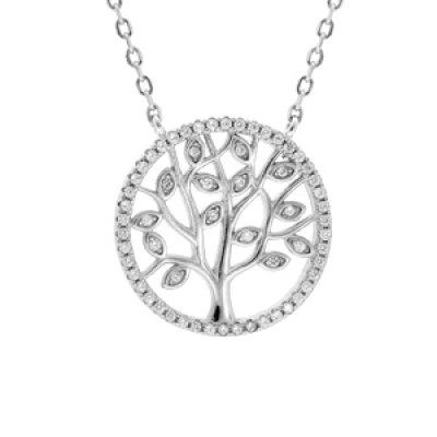 Collier en argent rhodié chaîne avec pendentif arbre de vie oxydes blancs et contour oxydes blancs sertis 40+3cm