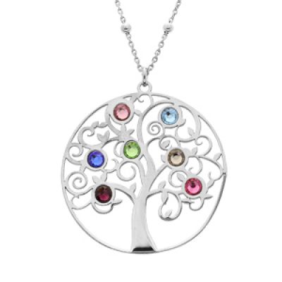 Collier en argent rhodié chaîne avec pendentif arbre de vie orné d'xydes multi couleurs 40+4cm