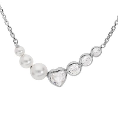 Collier en argent rhodié chaîne avec perles blanches de synthèse et coeur oxydes blancs sertis 43+3cm