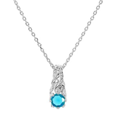 Collier en argent rhodié chaîne avec pendentif solitaire oxyde bleu ciel et feuillage 42+3cm