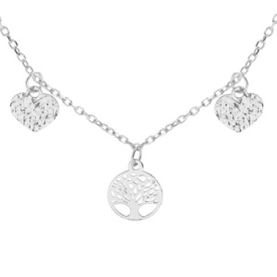Collier en argent rhodié chaîne avec pampilles coeur diamanté et arbre de vie 40+4cm