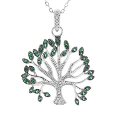 Collier en argent rhodié massif chaîne avec pendentif arbre de vie oxydes blancs et verts sertis 40+5cm