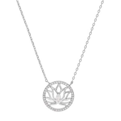 Collier en argent rhodié chaîne avec pendentif fleur de lotus contour cercle oxydes blancs sertis 39+4cm