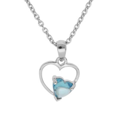 Collier en argent platiné chaîne avec pendentif coeur avec 1 oxyde bleu ciel serti 42+3cm