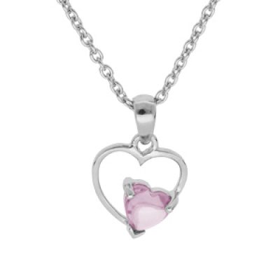 Collier en argent platiné chaîne avec pendentif coeur avec 1 oxyde rose serti 42+3cm
