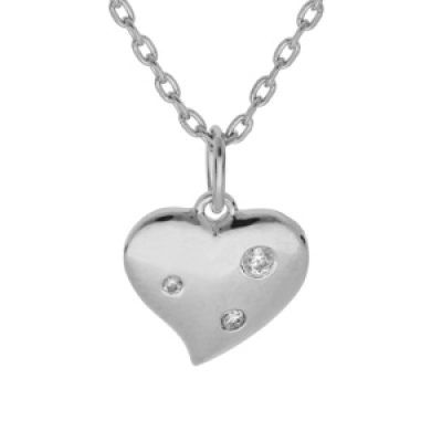 Collier en argent platiné chaîne avec pendentif coeur 3 oxydes blancs sertis 42+3cm