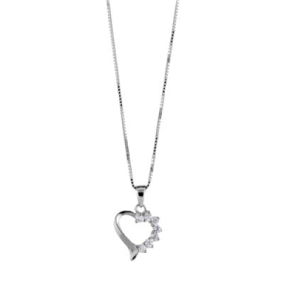 Collier en argent rhodié chaîne avec pendentif coeur avec 1 moitié en oxydes blancs - longueur 42cm + 3cm de rallonge